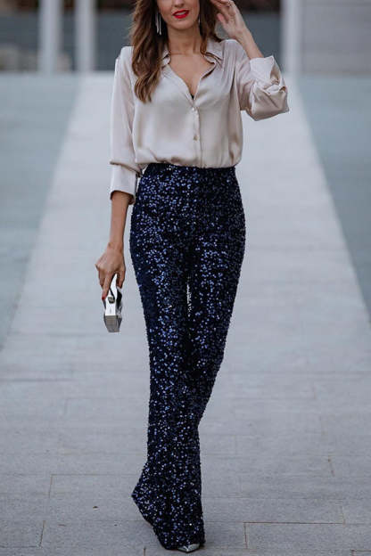 Diva Velvet Sequin High Rise Elastic Waist Flare Pants-consonak