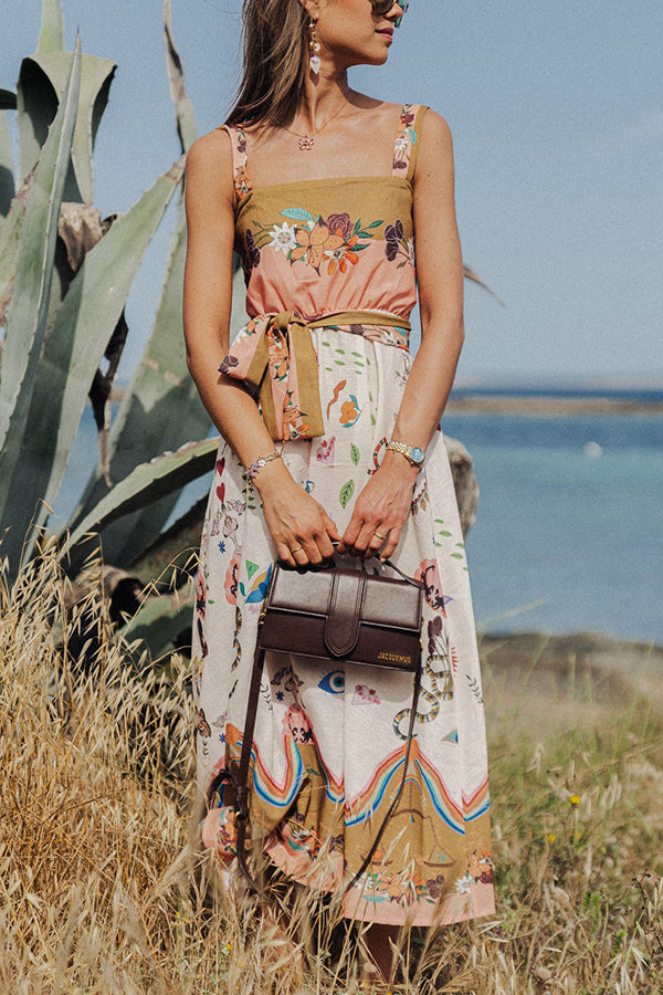 Summer Vibes Linen Blend Unique Print Smocked Belt Midi Dress-consonak