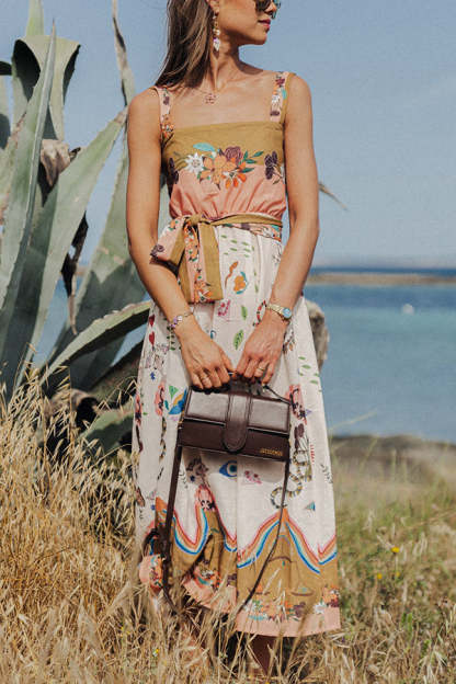 Summer Vibes Linen Blend Unique Print Smocked Belt Midi Dress-consonak