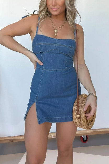 Sexy Backless Slim Fit Slit Denim Mini Dress-consonak