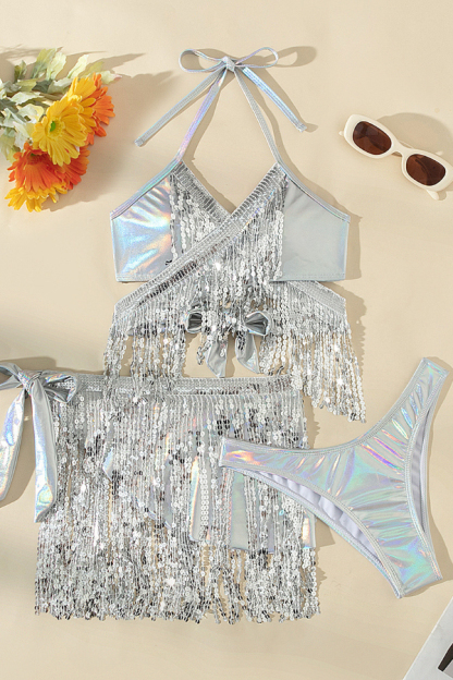 Metallic Halter Neck Tassel Stretch Bikini Swimsuit and Tassel Tie Skirt Three-piece Set-consonak