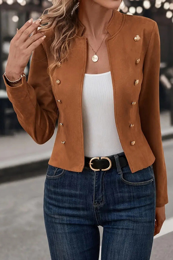 Solid Color Double Breasted Long Sleeve Blazer-consonak