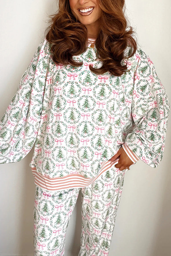 Christmas Print Loose Long-sleeved Top and Elastic Waist Casual Pants Set-consonak