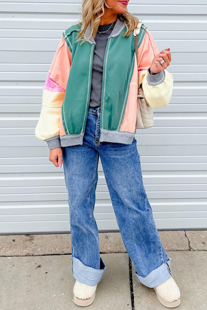 Fresh Color Matching Loose Casual Round Neck Jacket-consonak
