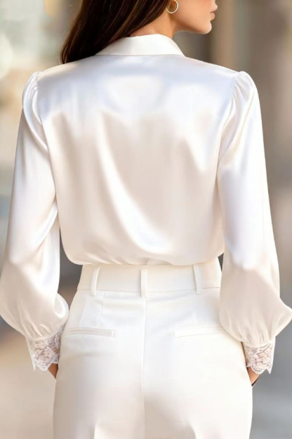 Solid Color Satin Patchwork Lace Casual Long-sleeved Button-down Shirt-consonak