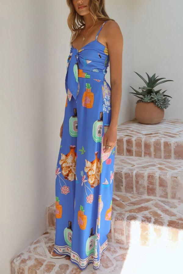 Perfume Bottle Print Strappy Fitted Waist Casual Pocket Wide-Leg Jumpsuit-consonak