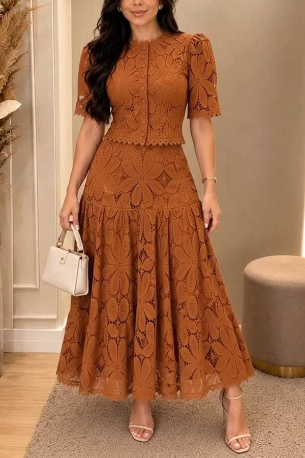 Romantic Embroidered Floral Lace Short Sleeve Button Top and High Rise Pleated Full Skirt Set-Consonak
