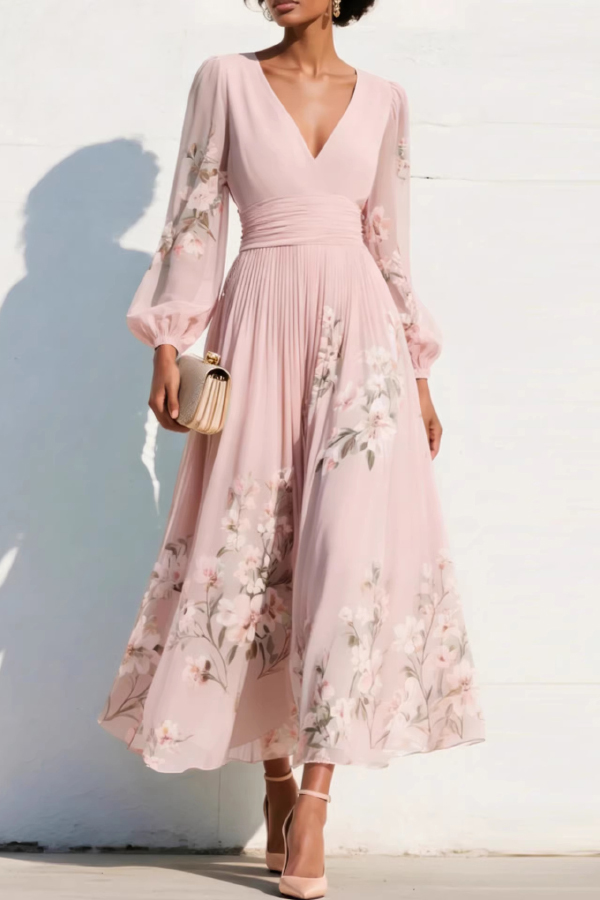 Floral Print V-neck Long-sleeved Fitted Waist Casual Maxi Dress