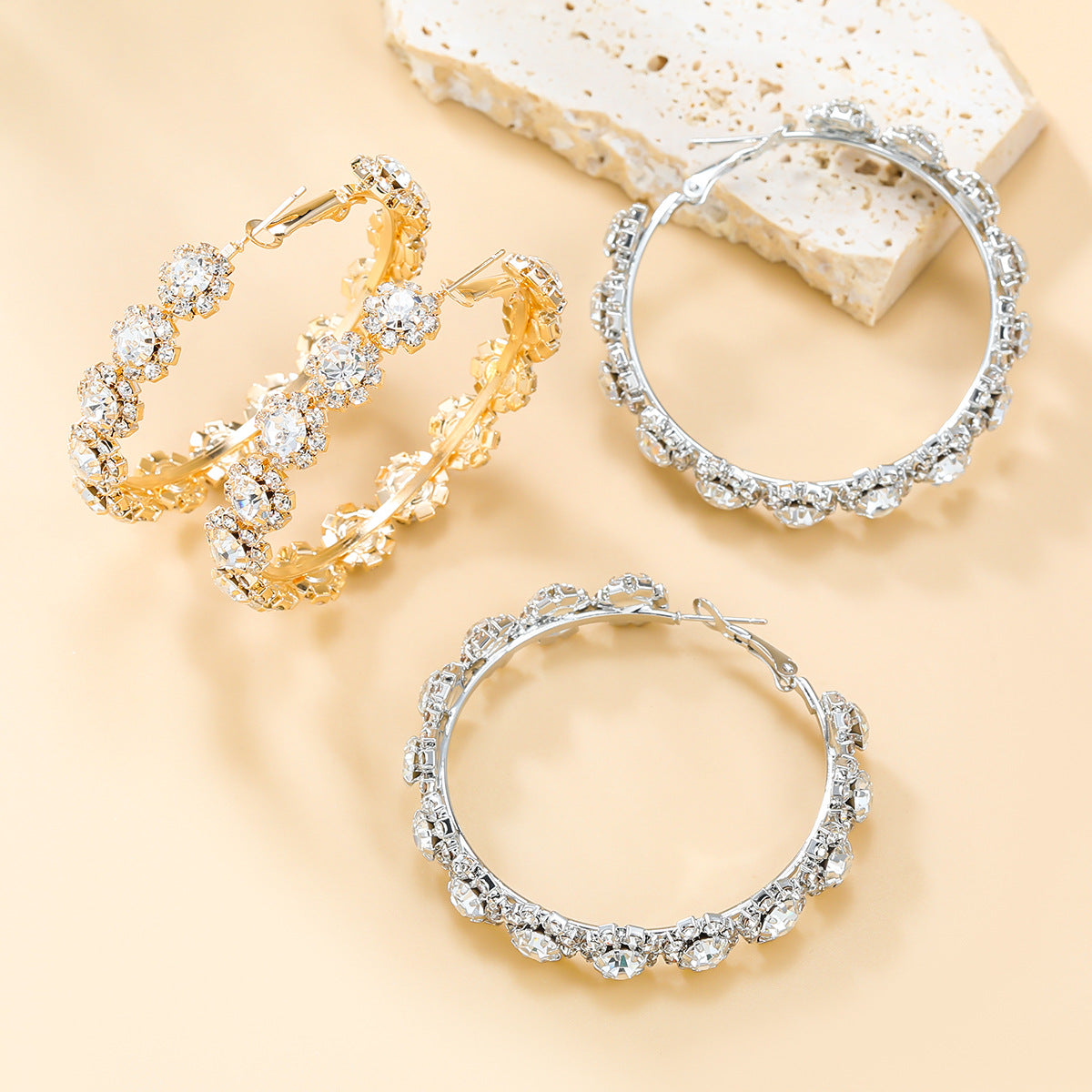 Textured Rhinestone Hoop Earrings-consonak