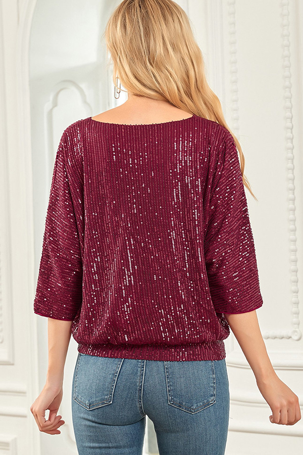 Solid Color Sequined Loose Round Neck Casual Top-consonak