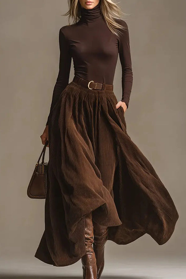 Stylish High-neck Long-sleeved Fitted Top and Casual Elastic Waist Pocket Maxi Skirt Set-consonak