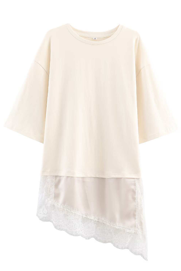 Stylish Round Neck Short-sleeved Patchwork Lace Hem Loose T-shirt-consonak