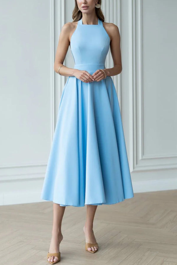 Solid Color Halter Neck Bow Tie Elegant Waist-cinching Midi Dress-consonak
