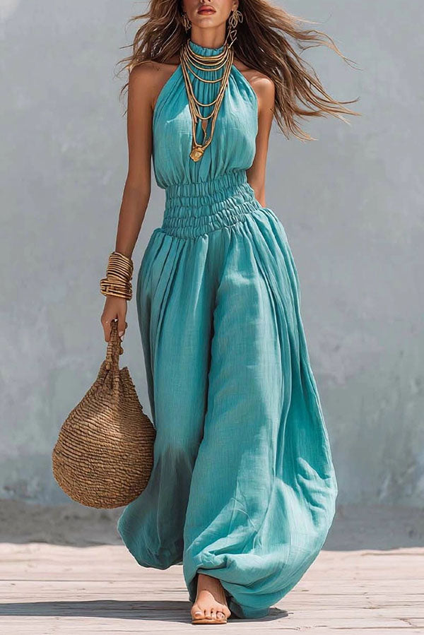 Flowy Smocked Waist Wide-Leg Palazzo Romper-Consonak