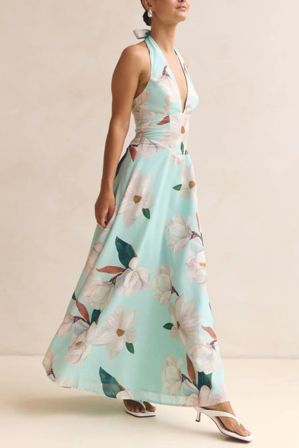 Floral Print V-neck Backless Tie-up Fitted Waist Elegant Maxi Dress-consonak