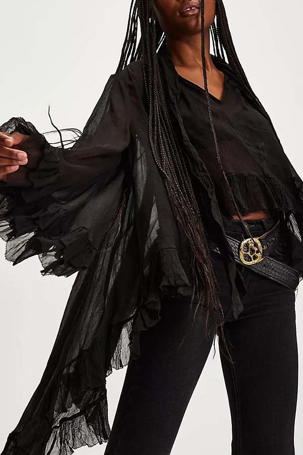 Flowy See-through Ruffle Tie-up Neck Bell Sleeve High-low Hem Cape Shirt-consonak