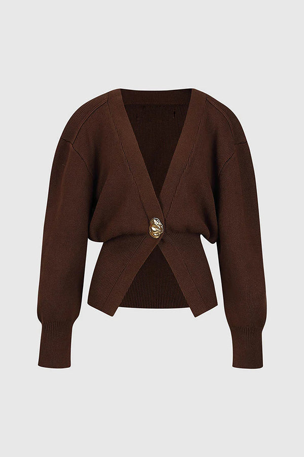 Only Yours Knit Metal Leaf Shape Button Lantern Sleeve Relaxed Cardigan | Consonak