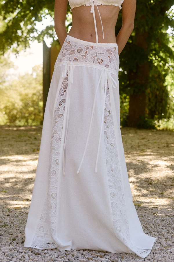 Solid Color Pleated Tie-front Top and Elegant Patchwork Lace Openwork Maxi Skirt Set-consonak