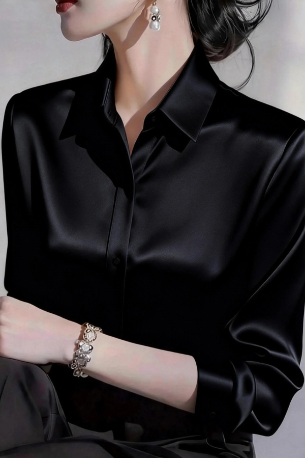 Solid Color Satin Collared Long-sleeved Button-down Casual Shirt | Consonak