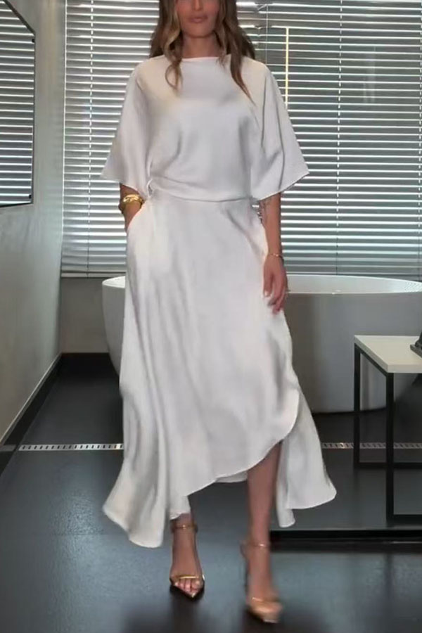 Modern and Elegant Satin Half Wide Sleeve Wrap Style Pocket Slit Loose Maxi Dress-consonak