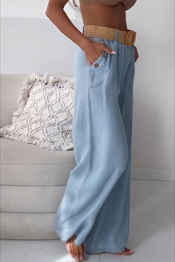 Lopez Denim Side Button Pocket Woven Round-Buckle Belt Elastic Waist Wide Leg Jeans