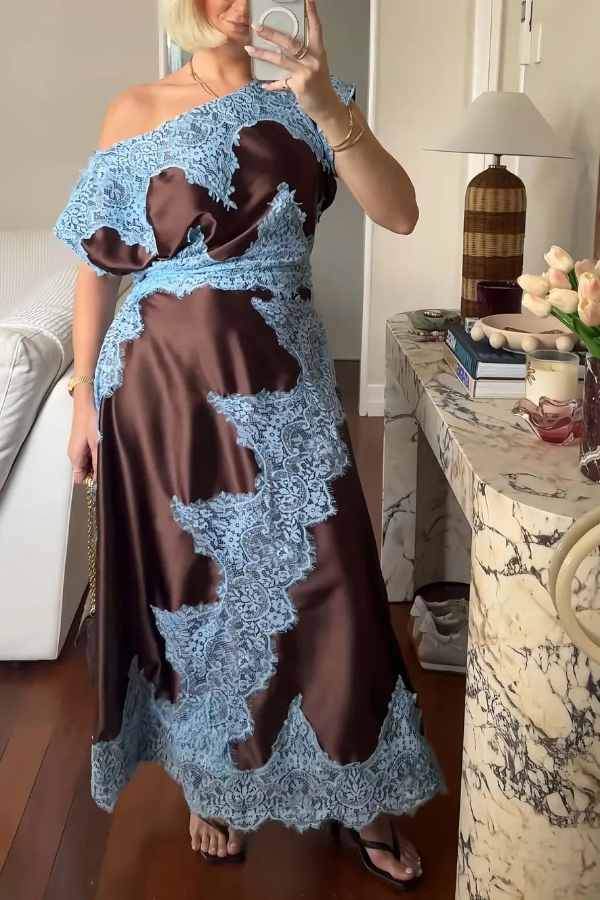 Fashionable Satin Lace Patchwork Asymmetrical Neckline and Fitted Waist Maxi Dress | Consonak