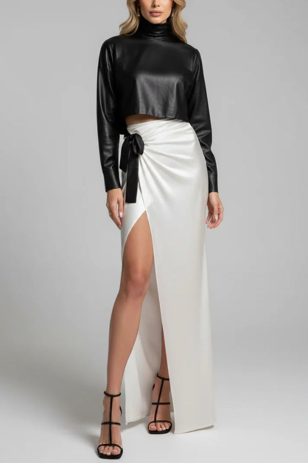 Elegant High-neck Long-sleeved Loose Top and Cross-strap High-slit Maxi Skirt Set-consonak