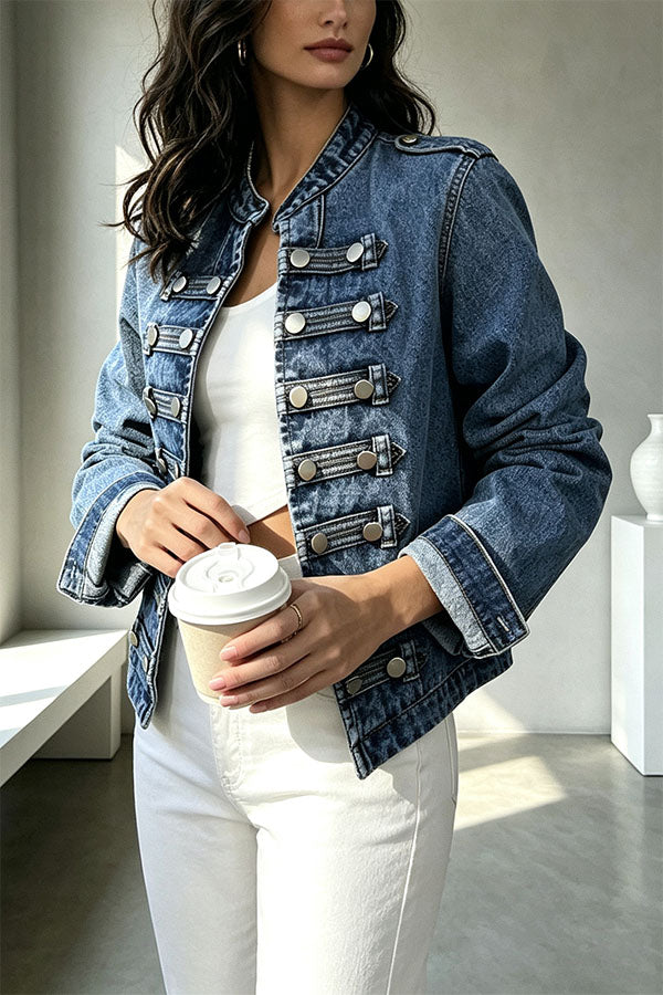 Napoleon-style Denim Stand Neck Metal Buttons Long Sleeve Jacket-Consonak