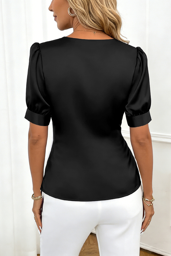 Solid Color Satin V-neck Short-sleeved Casual Top