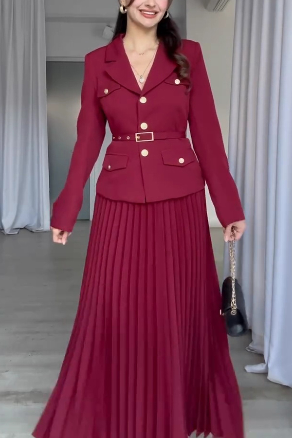 Solid Color Lapel Button Belt Blazer and Pleated Casual Maxi Skirt Set-consonak
