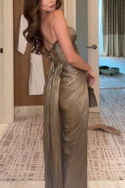 Vegas Queen Metallic Pleated Sculpted Bodice Back Lace-up Drape Maxi Dress-consonak