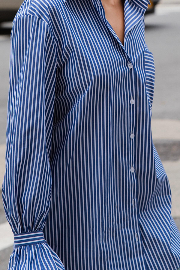 Striped Print Ruffled Long Sleeve Pockets Loose Shirt-consonak