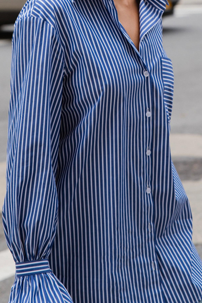 Striped Print Ruffled Long Sleeve Pockets Loose Shirt-consonak