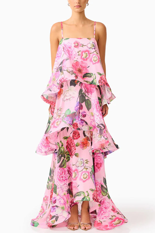 Armani Georgette Fabric Floral Print Tiered Slip Square Neck A-line Maxi Dress | Consonak