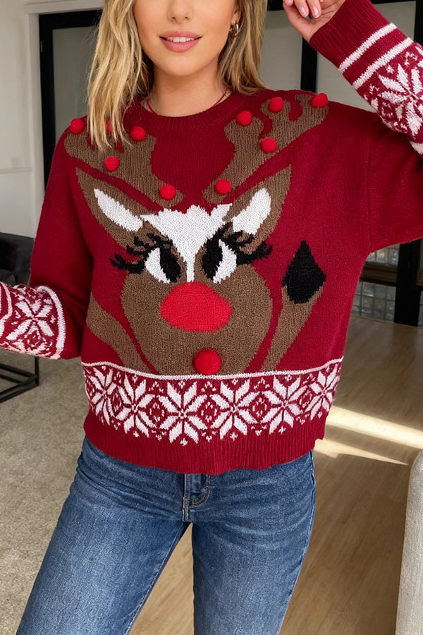 Christmas Reindeer Pattern Long-sleeved Loose Knit Sweater-consonak