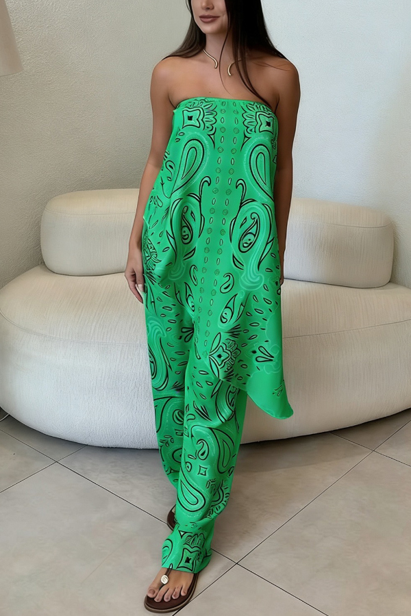 Unique Printed Sleeveless Off-shoulder Top and Elastic Waist Casual Straight Leg Pants Set