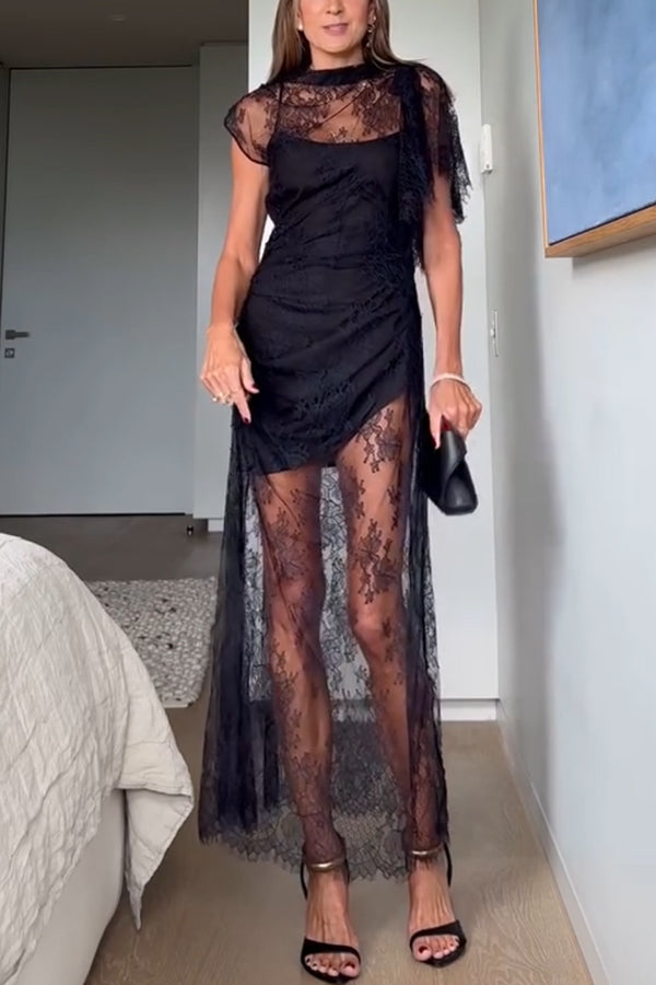 Romantic Statement Lace One Shoulder Bell Sleeve Asymmetrical Maxi Dress-consonak