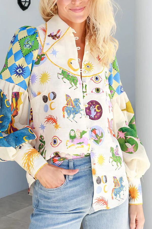 Love Frees Me Linen Blend Unique Print Balloon Sleeve Button Shirt-consonak