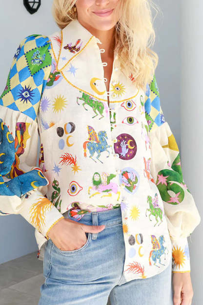 Love Frees Me Linen Blend Unique Print Balloon Sleeve Button Shirt-consonak