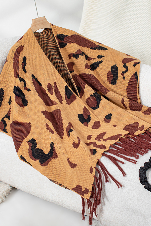 Fashionable Leopard Print Contrast Tassel Hem Loose Knitted Shawl-consonak