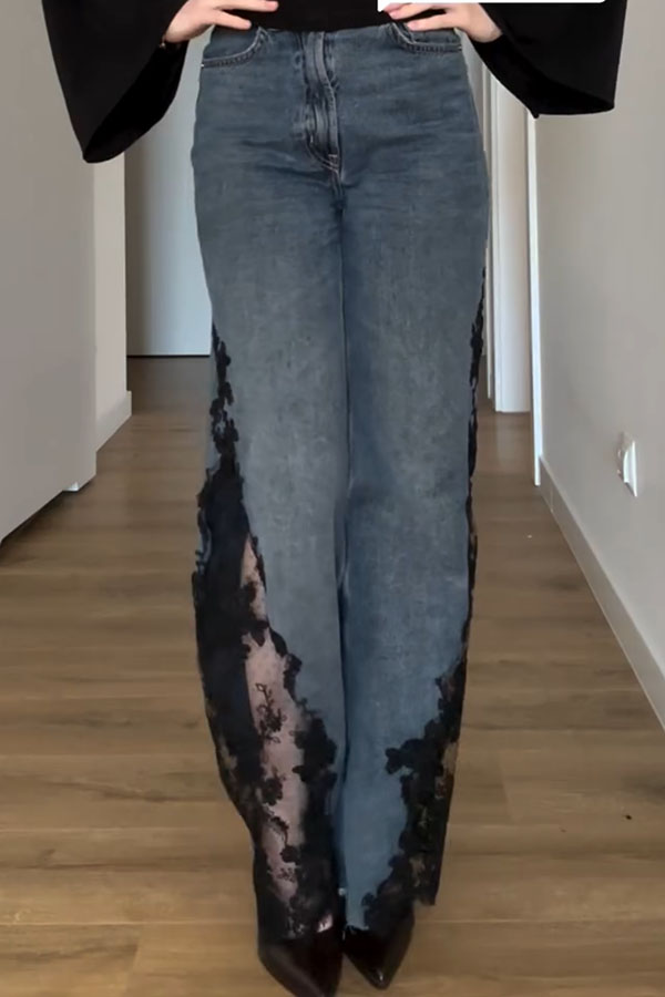 Stylish Denim Mid Rise Side Lace Patchwork Pocket Straight Leg Loose Jeans