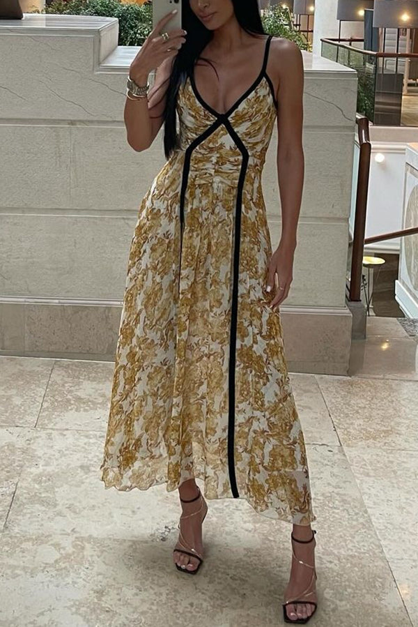 Violet Contrast Unique Print Pleated Backless Strappy Maxi Dress-consonak