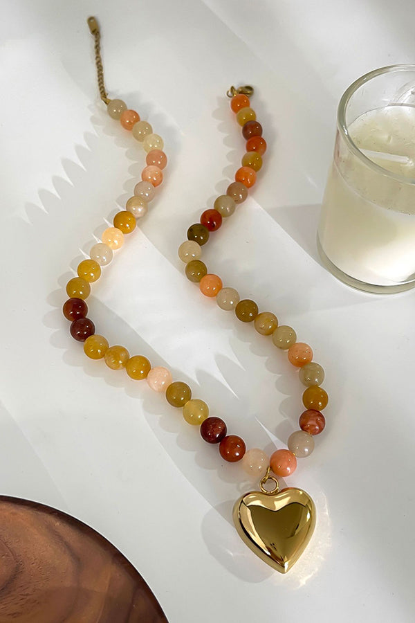 Multicolor Mixed Beaded Heart Pendant Necklace-consonak