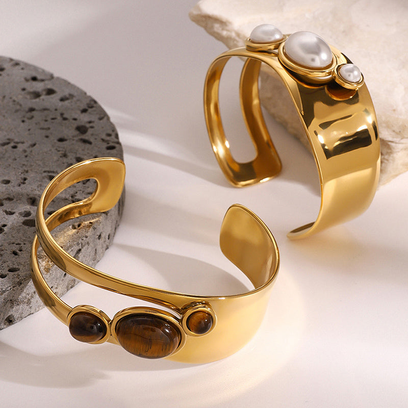 Fashionable Stainless Steel Hollow Gemstone Open Bracelet-consonak