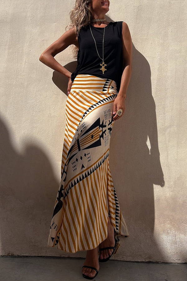 Eva Satin Geometric Print Elastic Waist Maxi Skirt | Consonak