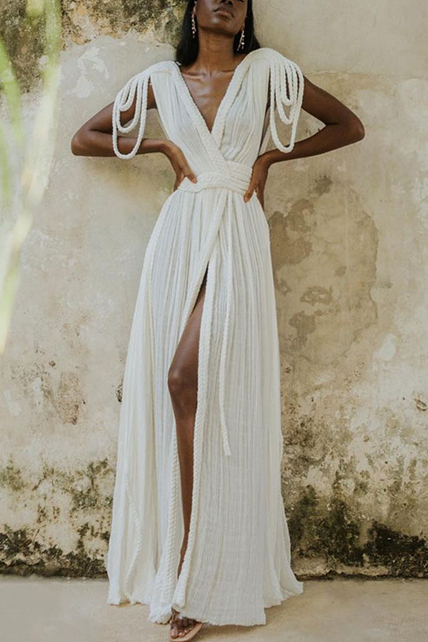 Resort Style Draped Braids Shoulder Backless Cover-up Loose Maxi Dress-consonak
