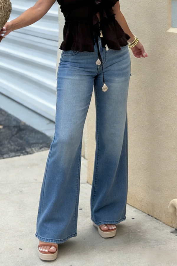 Stylish High-waisted Pocket Casual Wide-leg Jeans-consonak