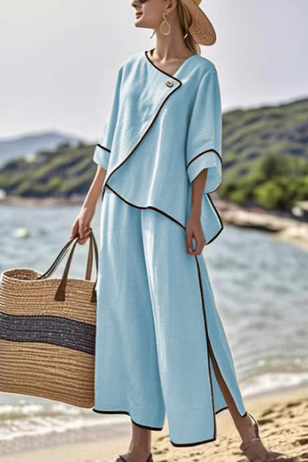 Stylish Color Trim Asymmetrical Casual Top and Elastic Waist and Wide-leg Pant Set-consonak