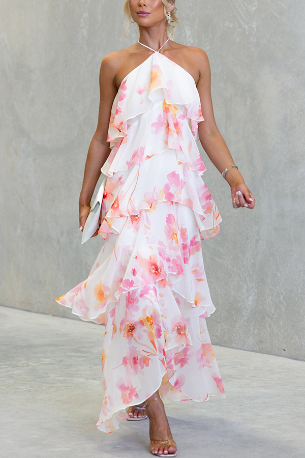 Poetic Eden Chiffon Floral Print Tiered Ruffles Halter A-line Maxi Dress | Consonak