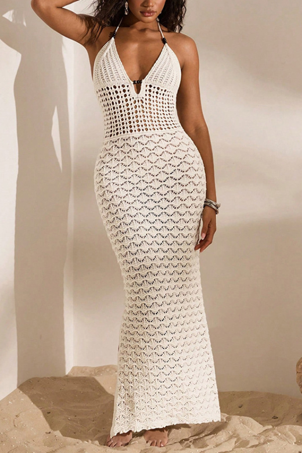 Solid Color Openwork Halter Neck Slim-fit Knitted Cover-up Maxi Dress-consonak
